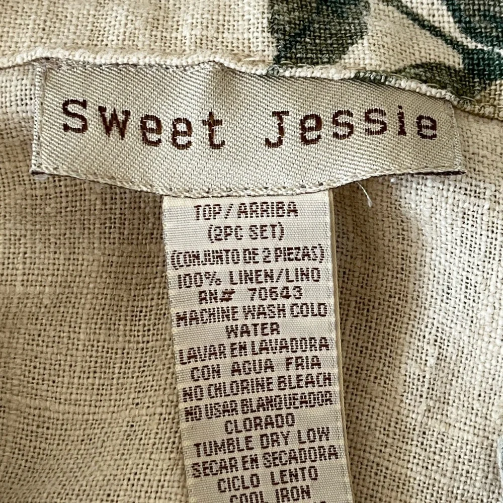 Sweet Jessie 100% Linen Neutral Floral Short Sleeve Button Up Shirt Top Size L
